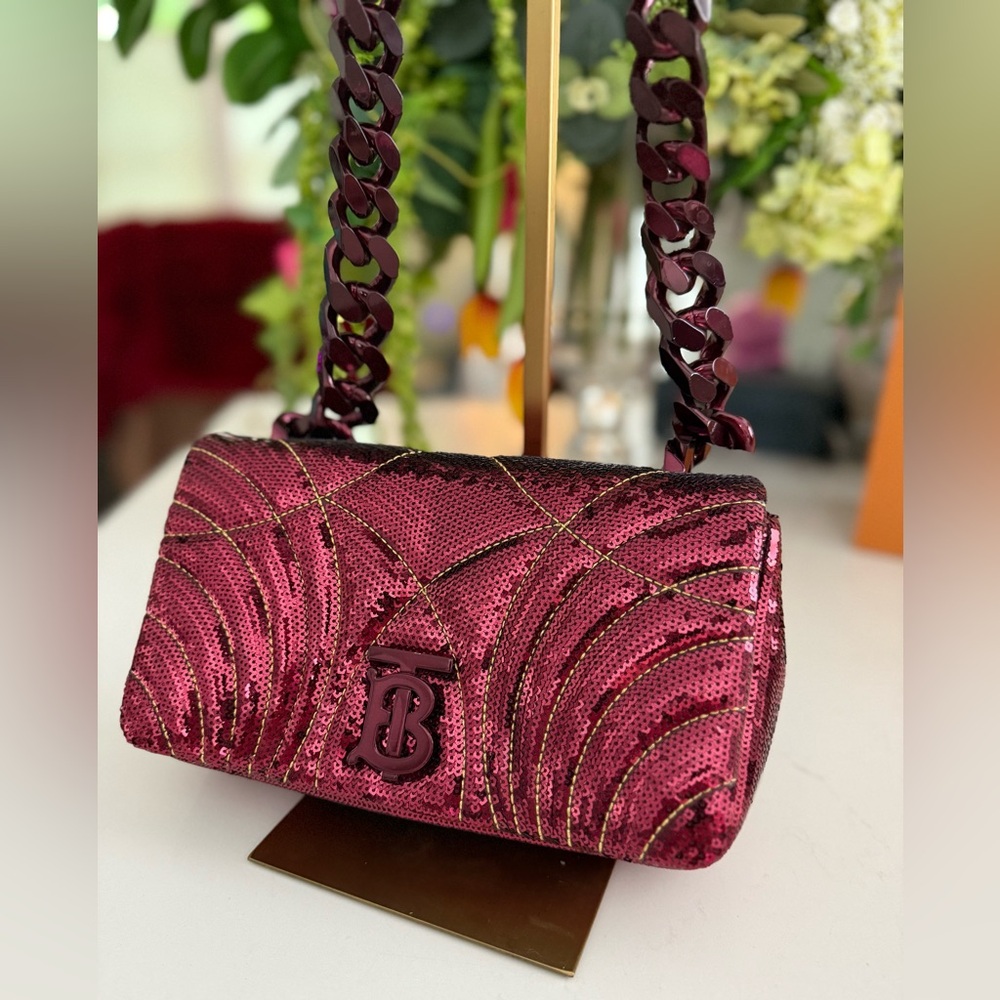 Burberry Lola Small Quilted Sequin Chain Shoulder Bag in Burgundy ~ EUC - Picture 3 of 14